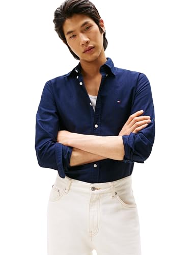 Tommy Hilfiger Langärmeliges Oxford-Hemd, Normale Passform, Herrenhemden, Button-Down-Shirts, auch erhältlich in Big und Tall, Preppy Navy/Desert Sky Solid, XL von Tommy Hilfiger