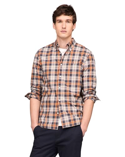 Tommy Hilfiger Langarm-Popeline-Hemden, Normale Passform, Herrenhemden, Button-Down-Shirts, auch erhältlich in Big und Tall, Carbon Navy/Orange Thunder Check, XX-Large von Tommy Hilfiger