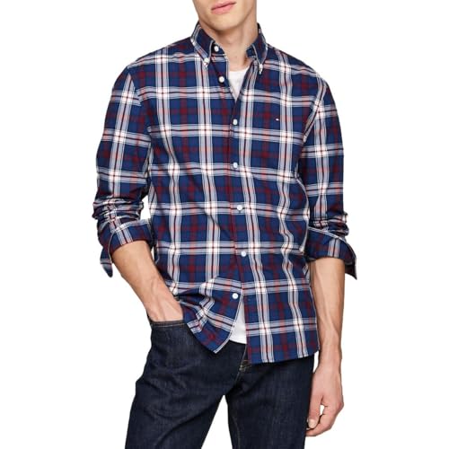 Tommy Hilfiger Langarm-Popeline-Hemden, Normale Passform, Herrenhemden, Button-Down-Shirts, auch erhältlich in Big und Tall, Deep Indigo/Rouge Check, 5XL Groß Tall von Tommy Hilfiger
