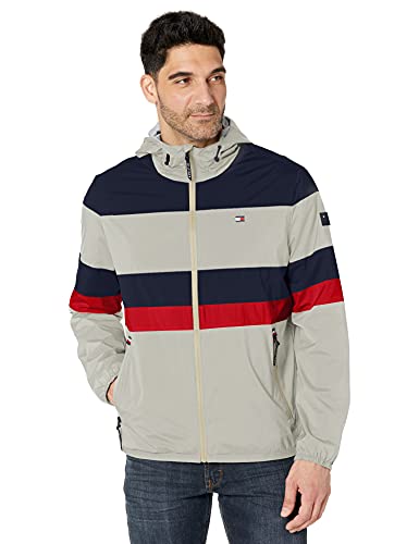 Tommy Hilfiger Leichte, aktive und wasserabweisende Regenjacke mit Kapuze für Herren, Palmenblätter, X-Large, Rot von Tommy Hilfiger