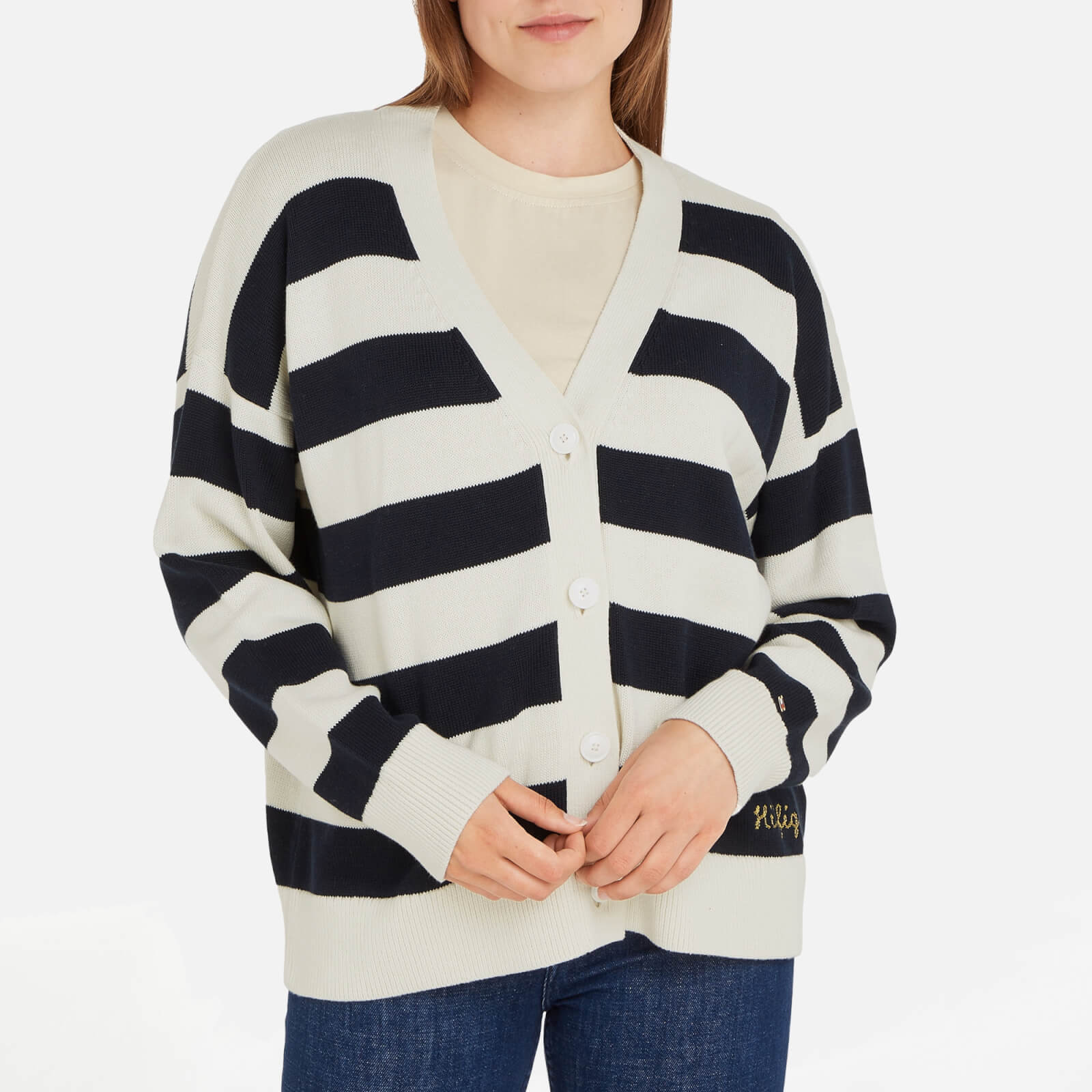 Tommy Hilfiger Lighthouse Stripe Boxy V-Neck Cotton Cardigan - L von Tommy Hilfiger