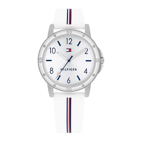Tommy Hilfiger Mädchenuhr mit Silberfarbenem Zifferblatt, Weißem Silikonarmband, Silberfarbenem 32mm Gehäuse, 3-Zeiger-Quarzwerk, 3 ATM Wassericht - 1720014 von Tommy Hilfiger