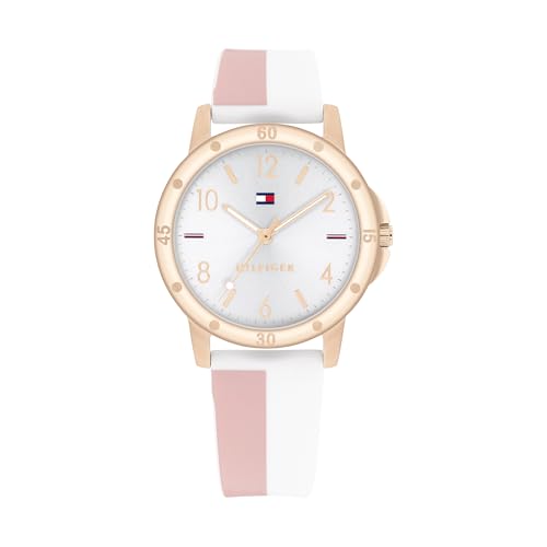 Tommy Hilfiger Mädchenuhr mit Silberfarbenem Zifferblatt, Weißem und Rosa Silikonarmband, Gehäuse Roségold 32mm, 3-Zeiger-Quarzwerk, 3 ATM Wassericht - 1720015 von Tommy Hilfiger