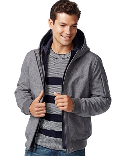 Tommy Hilfiger Men's Size Tall Soft Shell Fashion Bomber with Contrast Bib and Hood, Heather Grey, 2X von Tommy Hilfiger