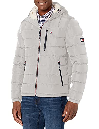Tommy Hilfiger Herren Midweight Sherpa Lined Hooded Water Resistant Puffer Jacket Mantel, Ice Tech, XL von Tommy Hilfiger