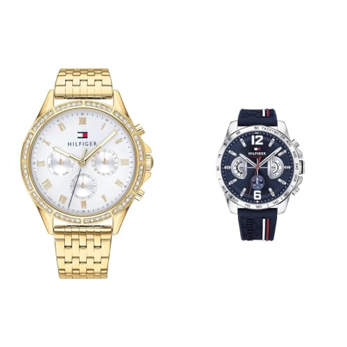 Tommy Hilfiger Multi Zifferblatt Quarz Uhr für Damen mit Gelbgoldfarbenes Edelstahlarmband - 1782142 & Multi Zifferblatt Quarz Uhr für Herren mit Marinblaues Silikonarmband - 1791476 von Tommy Hilfiger