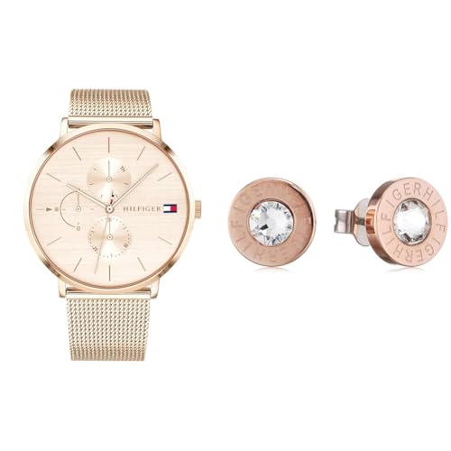 Tommy Hilfiger Multi Zifferblatt Quarz Uhr Roségoldfarbenes -Mesh-Gliederarmband - 1781944 & Jewelry Ohrstecker für Damen aus Edelstahl mit Kristallen - 2700752 von Tommy Hilfiger