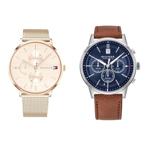 Tommy Hilfiger Multi Zifferblatt Quarz Uhr für Damen mit Roségoldfarbenes Edelstahl-Mesh-Gliederarmband - 1781944 & Multi Zifferblatt Quarz Uhr für Herren mit Hell-Braunes Lederarmband - 1791629 von Tommy Hilfiger