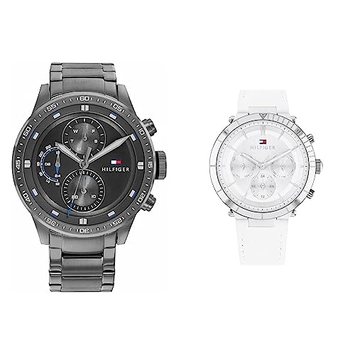 Tommy Hilfiger Multi Zifferblatt Quarz Uhr für Herren mit Rotguss Edelstahlarmband - 1791806 & Multi Zifferblatt Quarz Uhr für Damen mit Weisses Lederarmband - 1782352 von Tommy Hilfiger