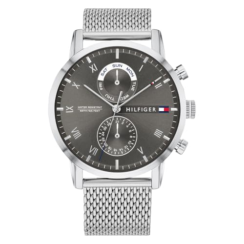 Tommy Hilfiger Multi Zifferblatt Quarz Uhr für Herren mit Silbernes Edelstahl-Mesh-Gliederarmband - 1710402 von Tommy Hilfiger