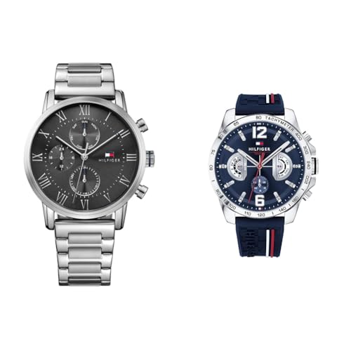 Tommy Hilfiger Multi Zifferblatt Quarz Uhr für Herren mit Silbernes Edelstahlarmband - 1791397 & Multi Zifferblatt Quarz Uhr für Herren mit Marinblaues Silikonarmband - 1791476 von Tommy Hilfiger