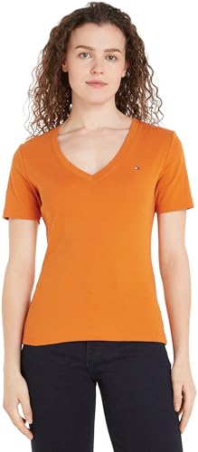 Tommy Hilfiger Damen T-Shirt Kurzarm New Slim Cody V-Neck V-Ausschnitt, Orange (Autumn Orange), S von Tommy Hilfiger