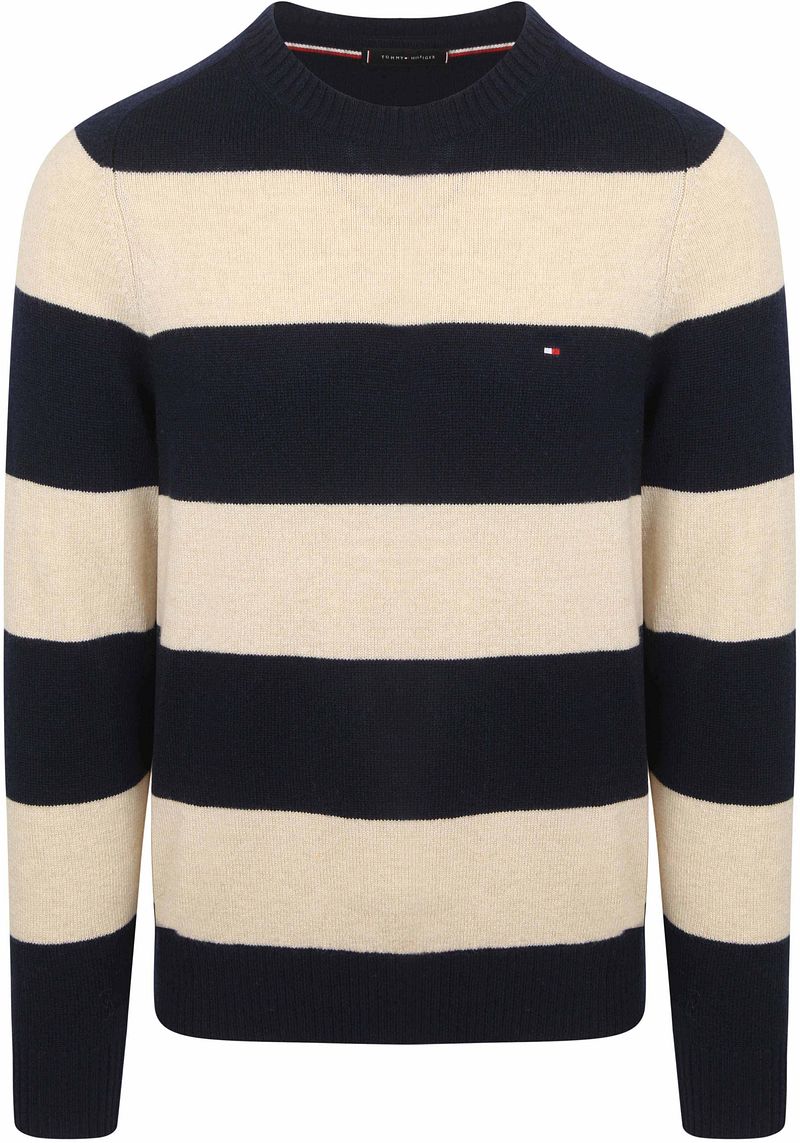 Tommy Hilfiger Pullover Lammwolle Streifen Navy - Größe M von Tommy Hilfiger