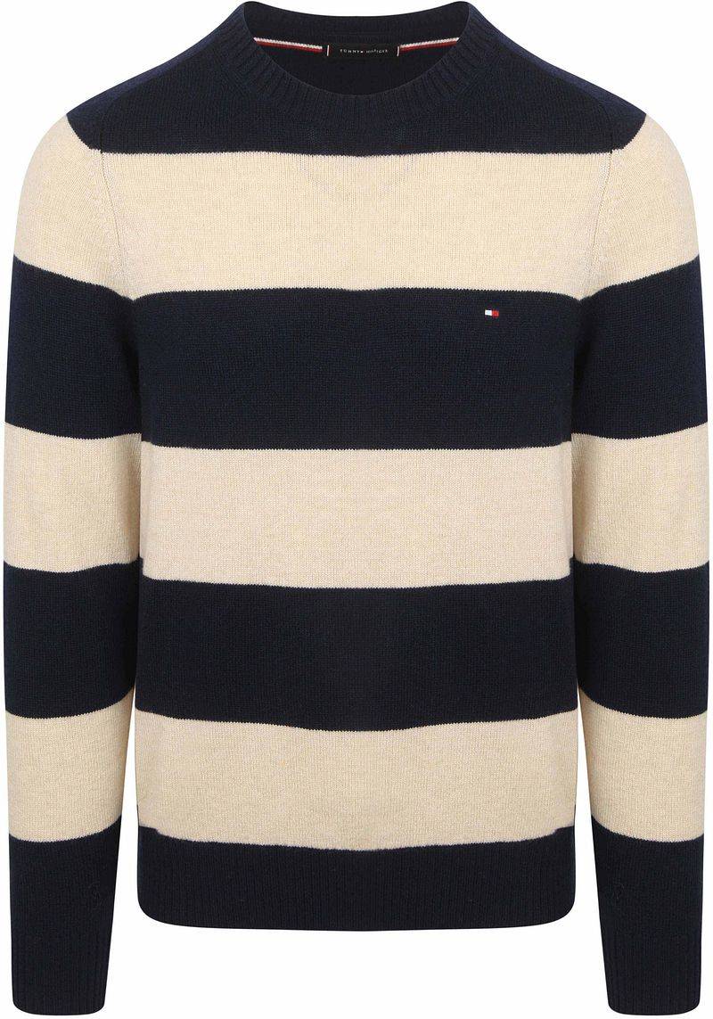Tommy Hilfiger Pullover Lammwolle Streifen Navy - Größe M von Tommy Hilfiger