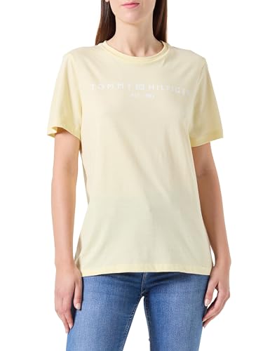 Tommy Hilfiger REG Corp Logo C-NK SS Kurzarm Strickoberteile Damen, Gelb (Lemon Zest), XS von Tommy Hilfiger