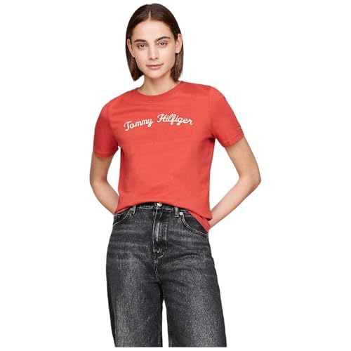 Tommy Hilfiger REG Script C-NK SS Langarmhemd Damen, Rot (Terra Red), S von Tommy Hilfiger