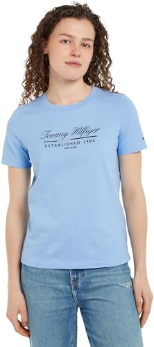 Tommy Hilfiger Damen T-Shirt Kurzarm Script Graphic aus Baumwolle, Blau (Vessel Blue), S von Tommy Hilfiger