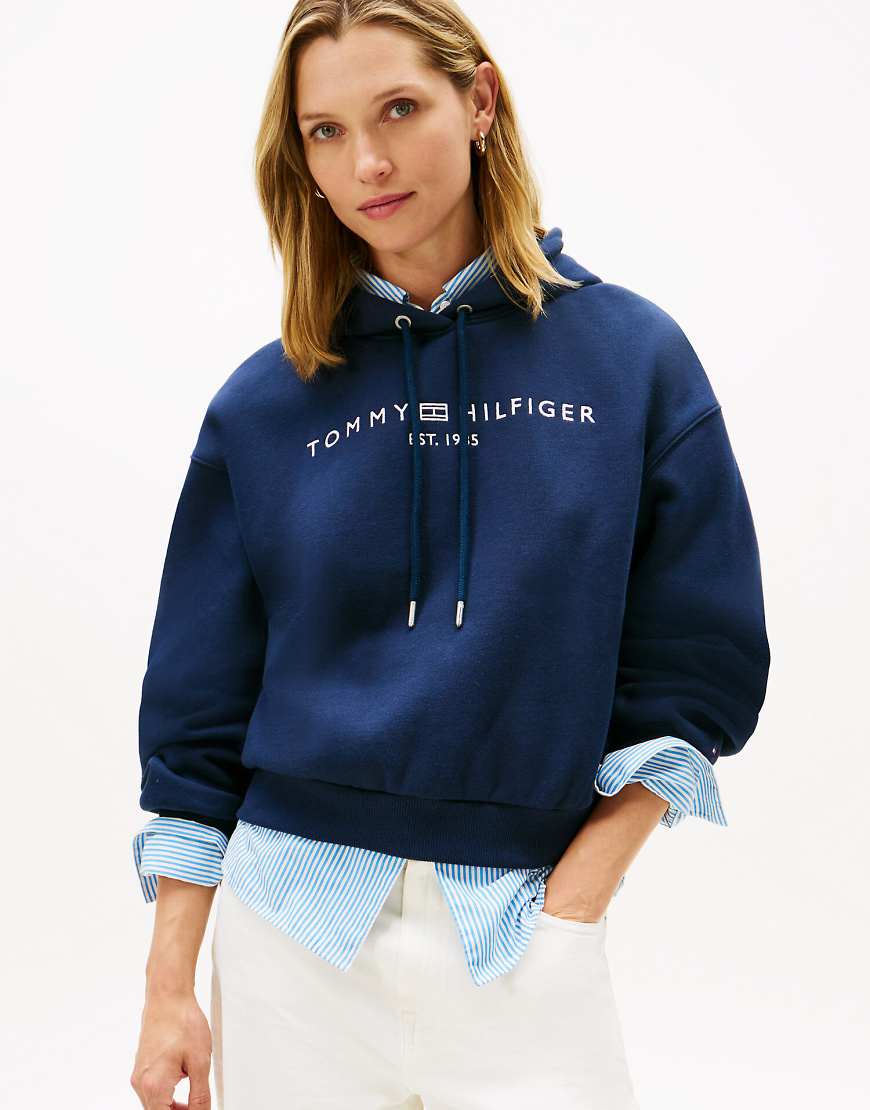 Tommy Hilfiger - Relaxed-Fit-Kapuzenpullover aus Flex-Fleece in Dunkelblau mit Logostickerei von Tommy Hilfiger