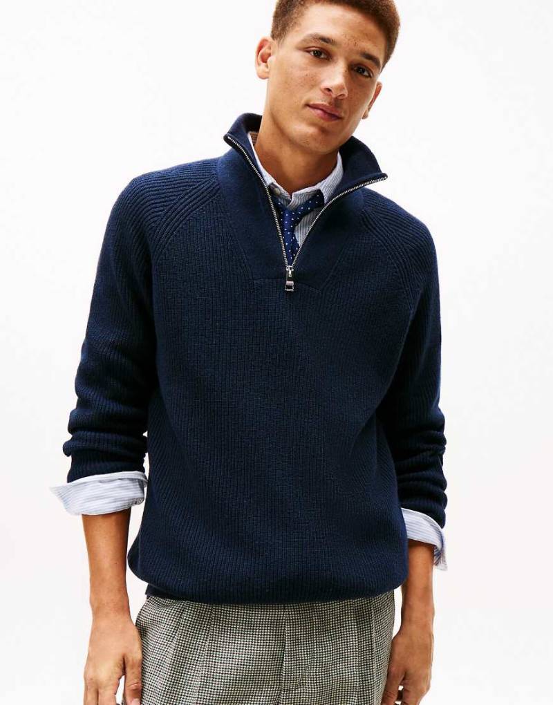 Tommy Hilfiger - Relaxed-Fit-Pullover aus Patentstrick in Dunkelblau mit Wollanteil von Tommy Hilfiger