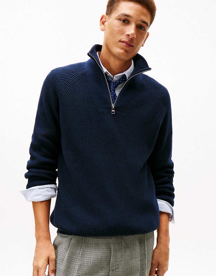 Tommy Hilfiger - Relaxed-Fit-Pullover aus Patentstrick in Dunkelblau mit Wollanteil von Tommy Hilfiger