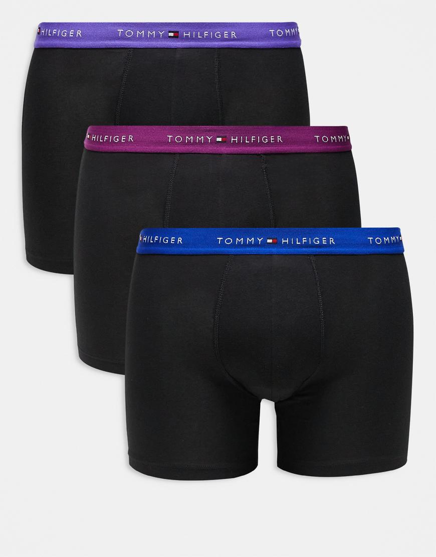 Tommy Hilfiger - Signature Cotton Essentials - 3er-Pack eng geschnittene Boxershorts in Schwarz mit lila/blauem Bund-Bunt von Tommy Hilfiger