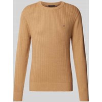 Tommy Hilfiger Slim Fit Strickpullover mit Fischgrät-Struktur in Camel, Größe XL von Tommy Hilfiger