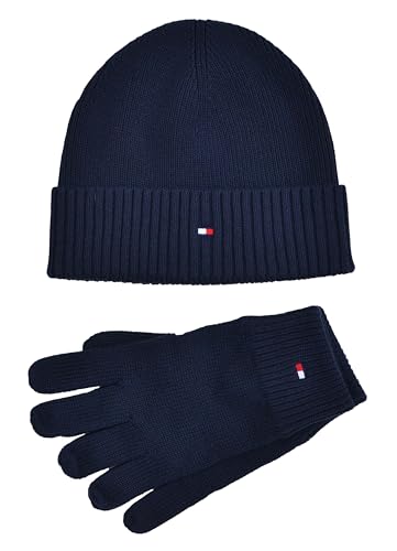 Tommy Hilfiger Strickmütze Mütze Handschuhe Set Beanie & Gloves Baumwolle Kaschmir Blau Gift Box von Tommy Hilfiger