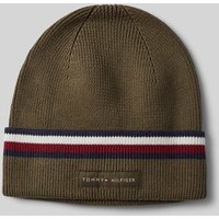 Tommy Hilfiger Strickmütze mit Label-Patch Modell 'LOVE SOLID' in Oliv, Größe 1 von Tommy Hilfiger