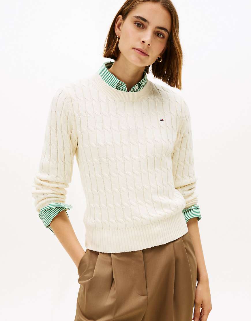 Tommy Hilfiger - Strickpullover in Weiß mit Rundhalsausschnitt und Zopfmuster-Neutral von Tommy Hilfiger