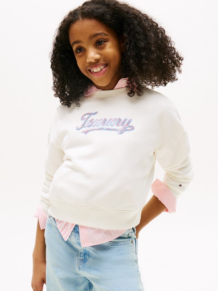 Tommy Hilfiger Sweatshirt TOMMY SCRIPT SEQUIN SWEATSHIRT für Kinder bis 16 Jahre, Logo-Schriftzug mit bunten Pailletten von Tommy Hilfiger
