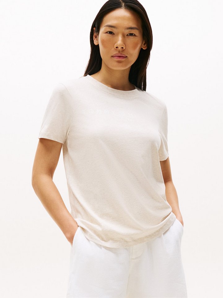 Tommy Hilfiger T-Shirt REG CORP LOGO C-NK mit Logoschriftzug und Stickerei meliert, casual, regular fit, Baumwolle, Rundhals von Tommy Hilfiger
