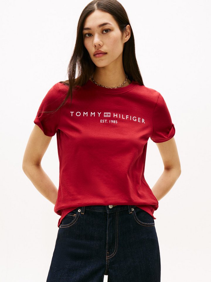 Tommy Hilfiger T-Shirt REG CORP LOGO C-NK mit Logoschriftzug und Stickerei meliert, casual, regular fit, Baumwolle, Rundhals von Tommy Hilfiger