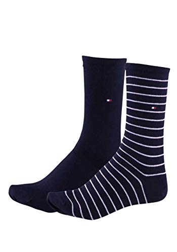 TOMMY HILFIGER Damensocken Doppelpack Uni/Ringel dunkelblau Größe 35-38 von Tommy Hilfiger