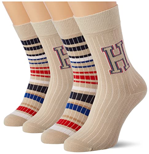 Tommy Hilfiger Unisex Kinder Rib Multicolor Sock 4 Pack Classic Sock, Sand Navy, 27-30 von Tommy Hilfiger