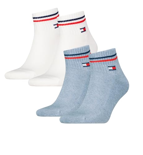 Tommy Hilfiger Unisex Quarter Socken im Retro Design knöchelhoch 4-er Pack, Farbe: 2xWeiss 2xLight Blue, Socken & Strümpfe:39-42 von Tommy Hilfiger