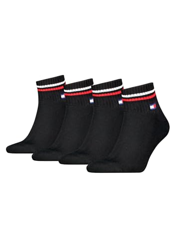 Tommy Hilfiger Unisex Quarter Socken im Retro Design knöchelhoch 4-er Pack, Farbe:Schwarz, Socken & Strümpfe:35-38 von Tommy Hilfiger