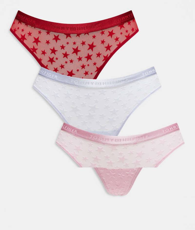 Tommy Hilfiger - Valentines - 3er-Pack Tangas aus Netzstoff in Rot/Rosa mit Sternprint-Bunt von Tommy Hilfiger