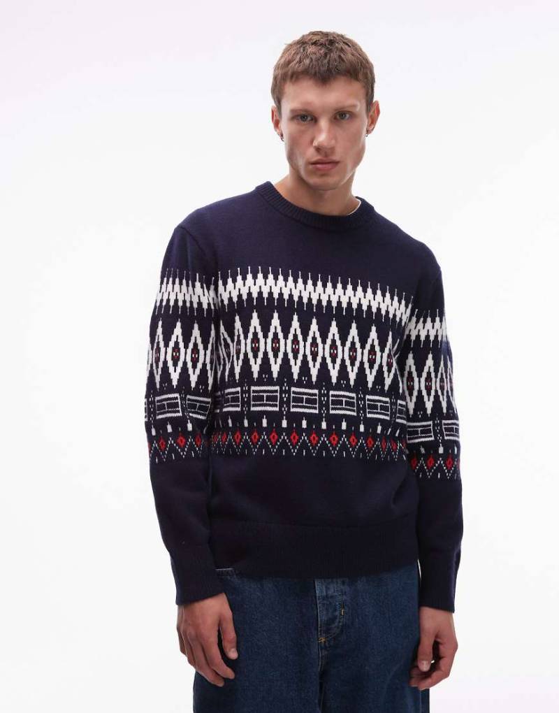 Tommy Hilfiger - Wollpullover in Marineblau und Weiß mit Norwegermuster von Tommy Hilfiger