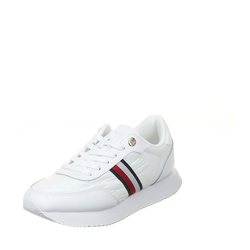 Tommy Hilfiger Damen Runner Sneaker Essential Runner Global Stripes aus Leder, Weiß (White), 38 von Tommy Hilfiger