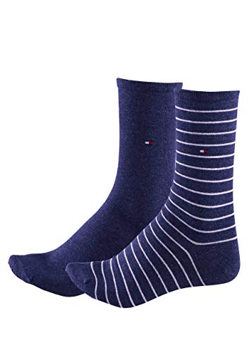 TOMMY HILFIGER Damensocken Doppelpack Uni/Ringel mittelblau Größe 35-38 von Tommy Hilfiger