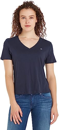 Tommy Jeans Damen T-Shirt Kurzarm TJW Slim Soft V-Ausschnitt, Blau (Twilight Navy), M von Tommy Jeans