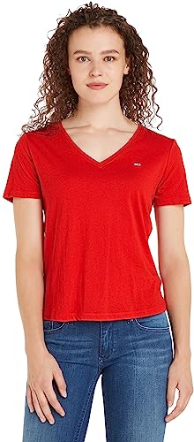 Tommy Jeans Damen T-Shirt Kurzarm TJW Slim Soft V-Ausschnitt, Rot (Deep Crimson), S von Tommy Jeans