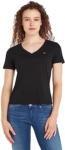 Tommy Jeans Damen T-Shirt Kurzarm TJW Slim Soft V-Ausschnitt, Schwarz (Black), L von Tommy Jeans