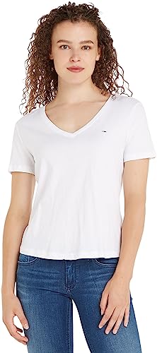 Tommy Jeans Damen T-Shirt Kurzarm TJW Slim Soft V-Ausschnitt, Weiß (White), L von Tommy Jeans