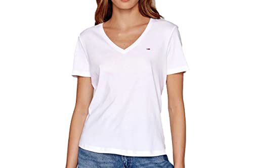Tommy Jeans Damen T-Shirt Kurzarm TJW Slim Soft V-Ausschnitt, Weiß (White), XS von Tommy Hilfiger