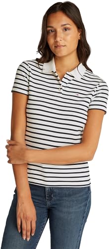 Tommy Jeans Damen Poloshirt Kurzarm Slim Essential Stretch, Mehrfarbig (Ecru/Navy Stripe), XL von Tommy Jeans