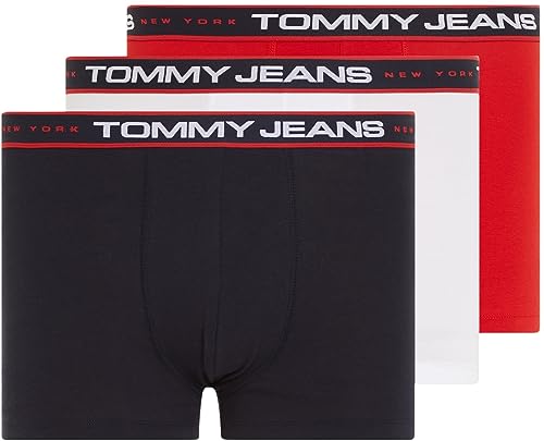 Tommy Hilfiger Jeans Herren 3er Pack Boxershorts Trunks Unterwäsche, Mehrfarbig (Deep Crimson/ White/ Desert Sky), L von Tommy Hilfiger