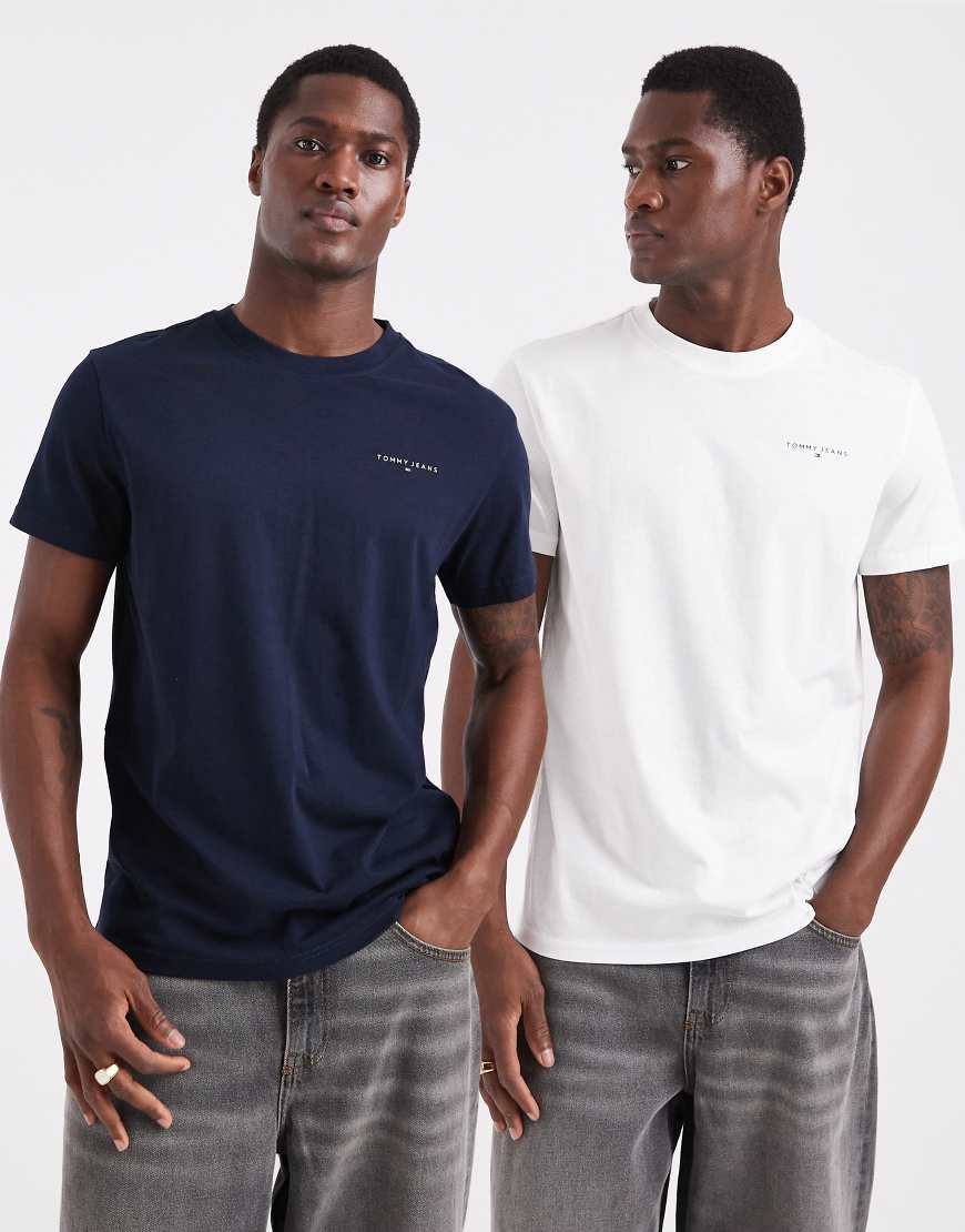 Tommy Jeans - 2er-Pack Slim-Fit-T-Shirts in Marineblau und Ecru mit linearem Logo auf der Brust von Tommy Jeans