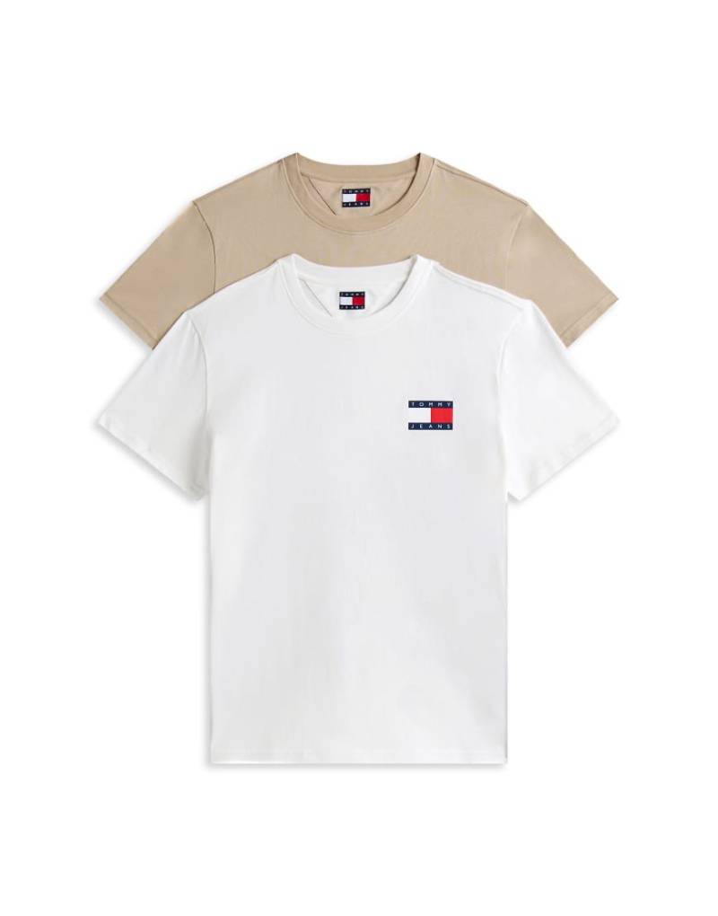 Tommy Jeans - 2er-Pack T-Shirts in Beige und Weiß mit Flag-Logo und schmalem Schnitt-Bunt von Tommy Jeans