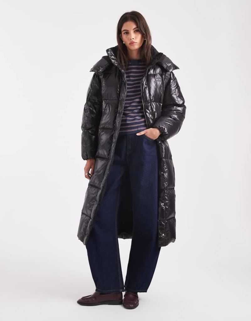 Tommy Jeans - Alaska - Maxi-Pufferjacke in glänzendem Schwarz mit Daunenfüllung und Gittersteppmuster von Tommy Jeans